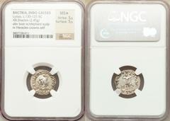 INDO-GREEK KINGDOM. Lysias (ca. 130-125 BC). AR drachm (2.45 gm). Diademed and draped bust of Lysias right, wearing elephant-skin headdress / Heracles standing facing, crowning himself and holding clu