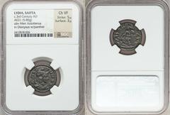 LYDIA. Saitta. Ca. 3rd century AD. Æ 21mm (5.85 gm). Bust of Men Aziottenos right, wearing Phrygian cap with crescent on shoulder / Dionysus standing facing, head left, holding cantharus and thyrsus, 