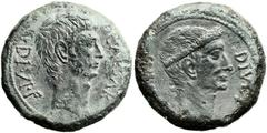 Octavian and Divus Julius Caesar (42-27 BC). Æ 'sestertius' (29mm, 16.46 gm, 11h). Uncertain mint in northern Italy, ca. 39 BC. CAESAR DIVI. F, bare head of Octavian right / DIVO[S IVLIVS], laureate h