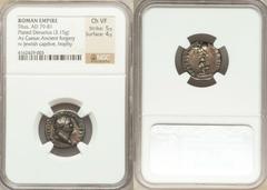 Titus (AD 79-81). AR fourreé denarius (3.15 gm).  Judaea Capta issue. Rome, June-July AD 79. Laureate head of Titus right / Trophy; below, captive Jew kneeling right. RIC II 1. RSC 334a. Rare. Dark ir