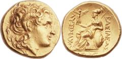 THRACIAN KINGDOM. Lysimachus (323-281 BC). AV stater (18mm, 8.48 gm, 12h).  Uncertain mint after 281 BC. Diademed head of Alexander right, with horn of Ammon / ΒΑΣΙΛΕΩΣ ΛΥΣΙΜΑΚΟΥ, Athena seated left, 