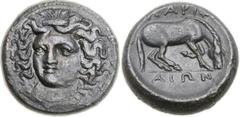 THESSALY. Larissa. Ca. 380-360 BC. Æ dichalkon (17mm, 5.44 gm, 5h).  Head of nymph Larissa three-quarter facing left, wearing plain necklace and ampyx; border of dots / ΛΑΡΙΣ-AΙΩΝ, horse crouching rig