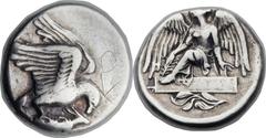 ELIS. Olympia. Ca. 432 BC. AR stater (24mm, 12.08 gm, 3h). Struck for the 87th Olympiad. Eagle alighting right, wings above his body, grasping hare in talons and tearing at it with his beak / Nike, cl