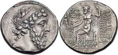 SELEUCID KINGDOM. Demetrius II Nicator, second reign (129-125 BC). AR tetradrachm (29mm, 16.76 gm, 12h). Uncertain mint, dated SY 186 (127/6 BC). Diademed head of Demetrius II right, wearing long bear