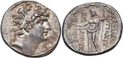SELEUCID KINGDOM. Antiochus VIII Epiphanes (121/0-97/6 BC). AR tetradrachm (30mm, 16.52 gm, 11h).  Antioch, ca. 112-111/0 BC. Diademed head of Antiochus VIII right / BAΣIΛEΩΣ ANTIOXOY EΠIΦANYΣ, Zeus s