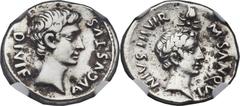 Augustus (27 BC-AD 14), with Divus Julius Caesar (died 44 BC). AR denarius (19mm, 3.75 gm, 6h).  Rome, by moneyer M. Sanquinius, 17 BC. AVGVSTVS – DIVI F, bare head of Augustus right / M SANQVI-NIVS I
