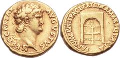 Nero (AD 54-68). AV aureus (18mm, 7.35 gm, 8h). Rome, AD 64–65. NERO CAESAR AVGVSTVS, laureate head of Nero right / IANVM CLVSIT PACE P R TERRA MARIQ PARTA, facade of the Temple of Janus with closed d
