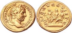 Caracalla (AD 198-217). AV aureus (20mm, 6.65 gm, 6h).  Rome, AD 211. ANTONINVS PIVS AVG BRIT, laureate bust of Caracalla right, aegis on point of bust / LIB ∙ AVGG ∙ VI ∙ ET ∙ V, Geta and Caracalla, 