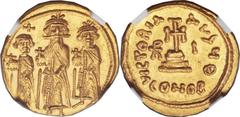 Heraclius, with Heraclius Constantine and Heraclonas (AD 610-641). AV solidus (21mm, 4.45 gm. 6h).  Constantinople, 9th officina, dated IY 10 (AD 636/7). Crowned figures of Heraclonas, Heraclius, and 