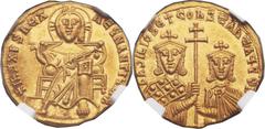 Basil I the Macedonian (AD 867-886), with Constantine. AV solidus (20mm, 4.45 gm, 6h). Constantinople, AD 870-871. + IhS XPS RЄX RЄGNANTIЧM*, Christ, nimbate, seated facing, wearing chiton, raising ha
