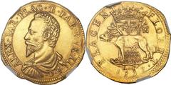 Piacenza. Alessandro Farnese gold Quadrupla (2 Doppie) 1597 AU53 NGC, Fr-899. An excellent example of Posthumous coinage struck during the reign of Ranuccio Farnese I featuring the draped bust of his 