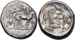 SICILY. Leontini. Ca. 476-466 BC. AR tetradrachm (24mm, 17.45 gm, 7h).  Charioteer driving quadriga right; above, Nike flying right, crowning horses / ΛEONTINON, Head of roaring lion right; four barle