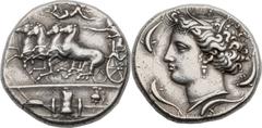 SICILY. Syracuse. Time of Dionysius I (406-367 BC). AR decadrachm (33mm, 43.16 gm, 12h).  Reverse die signed by Euainetos, ca. 400 BC. Racing quadriga driven left by charioteer, holding reins and kent