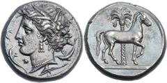 SICULO-PUNIC. Entella. Ca. 345-315 BC. AR tetradrachm (25mm, 16.84 gm, 2h).  Circa 345-315 BC. Head of Persephone left, wearing barley-ear wreath, triple-pendant earring, and necklace; four dolphins a