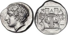 MACEDON. Chalcidian League. Ca. 430-348 BC. AR tetradrachm (26mm, 14.48 gm, 2h).  Olynthus, ca. 370-360 BC. Laureate head of Apollo left / Χ−Α−Λ−ΚΙΔ−ΕΩΝ, cithara (lyre) with seven strings. Robinson-Cl