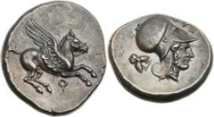 CORINTHIA. Corinth. Ca. 400-375 BC. AR stater (22mm, 8.63 gm, 12h). Pegasus flying right; qoppa below / Head of Athena right, wearing uncrested Corinthian helmet pushed back on head; EYΘ (retrograde) 