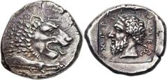 LYCIAN DYNASTS. Mithrapata (ca. 390-370 BC). AR stater (23mm, 9.67 gm, 7h).  Antiphellus mint. Forepart of crouching and roaring lion right / Bare head of Mithrapata left; MI-THRA-PATA in Lycian aroun