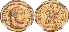 Galerius Maximianus (AD 305-311). AV aureus (21mm, 5.28 gm, 12h).  Serdica, AD 305-306. IMP MAXIMI-ANVS P F AVG, laureate head of Galerius right / HERCVLI VICTORI, Hercules standing right, right hand 