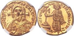 Justinian II, first reign (AD 685-695). AV solidus (20mm, 4.44 gm, 6h).  Constantinople, 7th officina, AD 692-695.IhS CRISΤDS RЄX RЄςNANΤIЧM, facing half-length bust of Christ Pantocrator, raising rig