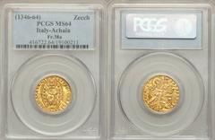 Chios. Anonymous (1343-54) gold Venetian Imitation Ducat ND MS64 PGCS, Uncertain mint, Fr-38a var, Cf. Ives Pl. XIII. ΛZDRDΛZDVO DVX | SN VЄNЄTI, St. Mark standing right presenting banner to kneeling 