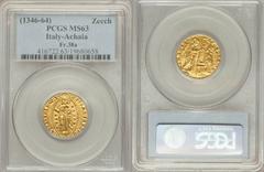 Chios. Anonymous (1343-54) gold Venetian Imitation Ducat ND MS63 PCGS, Uncertain mint, Fr-38a var, Cf. Ives Pl. XIII. ΛZDRDΛZDVO DVX | SN VЄNЄTI, St. Mark standing right presenting banner to kneeling 