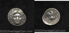 Carian Islands, Rhodes. Ca. 230-205 B.C. AR tetradrachm (25 mm, 13.56 g). Radiate head of Helios facing slightly right / Rose, bud to right; ship's stern in left field; magistrate, Ameinias. SNG Finla