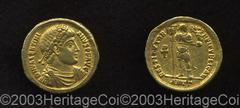 Valentinian I. A.D. 364-375. AV solidus (21 mm, 4.40 g). Antioch, A.D. 364. Diademed, draped and cuirassed bust right / Valentinian standing facing, head right, holding labarum in right hand, Victory 
