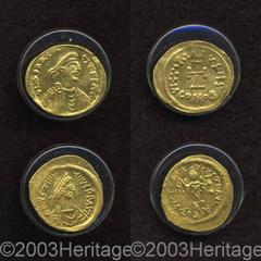 Justinian I. A.D. 527-565. AV tremissis (15 mm, 1.51 g). Constantinople. Diademed, draped and cuirassed bust right / Victory advancing right, holding wreath in right hand, globus cruciger in left; sta