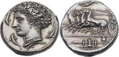 SICILY. Syracuse. Time of Dionysius I (406-367 BC). AR decadrachm (34mm, 42.99 gm, 9h).  Reverse die signed by Kimon, ca. 405-400 BC. Charioteer driving racing quadriga left in three-quarter view, thi