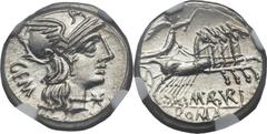 M. Aburius M. f. Geminus (ca. 132 BC). AR denarius (20mm, 3.90 gm, 11h). Rome. GEM, helmeted head of Roma right; below chin, denomination mark / M . ABVRI, Sol driving, head facing, holding reins and 
