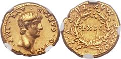 Nero (AD 54-68). AV aureus (20mm, 7.67 gm, 7h).  Rome,  AD 58-59. NERO · CAESAR · AVG · IMP ·, bare head of Nero right / PONTIF · MAX · TR · P · V · P · P ·, EX · SC in wreath. RIC 15. Calicó 424. Sca