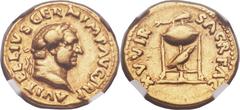 Vitellius (AD 69). AV aureus (21mm, 7.26 gm, 6h).  Rom, July - December AD 69. A VITELLIVS GERM IMP AVG TRP, laureate head of Vitellius right / XV VIR SACR FAC,  tripod-lebes surmounted by dolphin rig