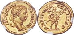 Severus Alexander (AD 222-235). AV aureus (19mm, 6.11 gm, 7h).  Rome, AD 230. IMP SEV ALE-XAND AVG, laureate head of Alexander right, slight drapery on left shoulder / P M TR P VIIII COS III P P, Romu