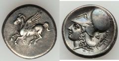 CORINTHIA. Corinth. Ca. 345-307 BC. AR stater (8.41 gm).  Pegasus flying left; qoppa below / Head of Athena left, wearing Corinthian helmet pushed back on head; behind, Δ and Dionysus standing right, 
