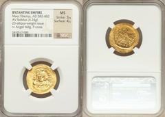 Maurice Tiberius (AD 582-602). AV lightweight solidus of 23 siliquae (4.24 gm).  Constantinople, 5th officina, AD 584-602.Pearl-diademed, helmeted, draped, and cuirassed bust of Maurice facing, holdin