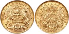 Hamburg. Free City gold 10 Mark 1913-J MS67 NGC, Hamburg mint, KM608, Jaeger-211. An astonishing museum-quality 10 Mark, intricately defined down to the minutest detail, with coruscating luster that d