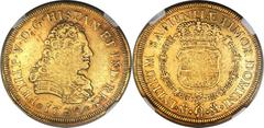 Philip V gold 8 Escudos 1732-Mo XF45 NGC, Mexico City mint, KM148, Onza-420. The extremely rare initial variety without neither assayer initials nor denomination flaking the shield on the reverse. Cho