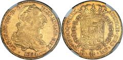 Charles III gold 4 Escudos 1764 Mo-MF AU50 NGC, Mexico City mint, KM141, Cal-320. About Uncirculated with only mild high-point wear, pleasant surface quality and most-attractive old patina. The strike