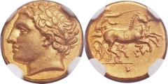 SICILY. Syracuse. Time of Agathocles (317-289 BC). AV decadrachm, third-stater or tetrobol (13mm, 12.83 gm, 12h).  Struck ca. 317-310 BC. Laureate head of Apollo left / No legend, charioteer driving r