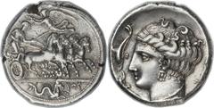 SICILY. Panormus (Sys or Ziz). Ca. 405-380 BC. AR tetradrachm (27mm, 17.53 gm, 12h).  Male charioteer, holding kentron in left hand, reins in both, driving racing quadriga right; Nike flying left abov