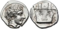 MACEDON. Chalcidian League. Ca. 432-348 BC. AR tetradrachm (27mm, 14.45 gm, 9h). Olynthos, ca. 390 BC mint. Laureate head of Apollo right / Kithara within incuse square; X-A-Λ-KIΔ-EΩN around. Robinson