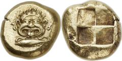 MYSIA. Cyzicus. Ca. 500-450 BC. EL stater (20mm, 16.07 gm). Facing Gorgoneion, head covered with writhing snakes, tongue protruding, tunny (tuna) fish left below / Quadripartite incuse square. Von Fri