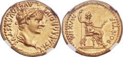 Tiberius (AD 14-37). AV aureus (20mm, 7.76 gm, 6h). Lugdunum, ca. AD 18-35. TI CAESAR DIVI AVG F AVGVSTVS, laureate head of Tiberius right / PONTIF MAXIM, Livia, as Pax, seated right, holding scepter 