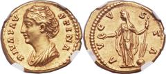 Diva Faustina Senior, deified wife of Antoninus Pius (died AD 141). AV aureus (21mm, 7.26 gm, 7h). Rome, AD 141-161. DIVA FAV-STINA, draped bust of Faustina left, hair coiled atop head / AV-GV-S-TA, F