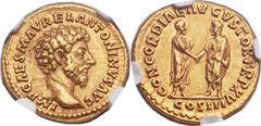 Marcus Aurelius (AD 161-180). AV aureus (20mm, 7.17 gm, 5h). Rome, AD 161. IMP CAES M AVREL ANTONINVS AVG, laureate head of Marcus right / CONCORDIAE AVGVSTOR TR P XV, togate figures of Marcus Aureliu