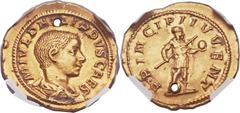 Philip II, as Caesar (AD 244-247). AV aureus (22mm, 4.26 gm, 6h). Rome, AD 244-246. M IVL PHILIPPVS CAES, bareheaded, draped bust of Philip II right / PRINCIPI IVVENT, Philip II in military dress, sta