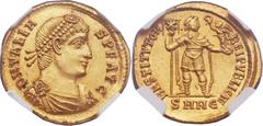 Valens (AD 364-378). AV solidus (21mm, 4.53 gm, 6h). Nicomedia, AD 364. D N VALEN S P F AVG, pearl-diademed, draped, and cuirassed bust of Valens right / RESTITVTOR REIPVBLICAE, Valens, in military dr