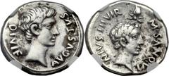 Augustus (27 BC-AD 14), with Divus Julius Caesar (died 44 BC). AR denarius (19mm, 3.75 gm, 6h). Rome, by moneyer M. Sanquinius, 17 BC. AVGVSTVS – DIVI F, bare head of Augustus right / M SANQVI-NIVS II