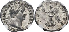 Trajan (AD 98-117). AR denarius (20mm, 3.59 gm, 6h). Rome, AD 101-102. IMP CAES NERVA TRAIAN AVG GERM, laureate head of Trajan right / P  · M · TR · P · COS · IIII · P · P,  Victory standing facing, h