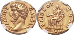 Aelius Caesar (AD 136-138). AV aureus (19mm, 5.82 gm, 6h). Rome, AD 137. L AELIVS CAESAR, bare head of Aelius left /  TRIB POT COS II, Concordia seated left on high-backed throne, holding patera in ex